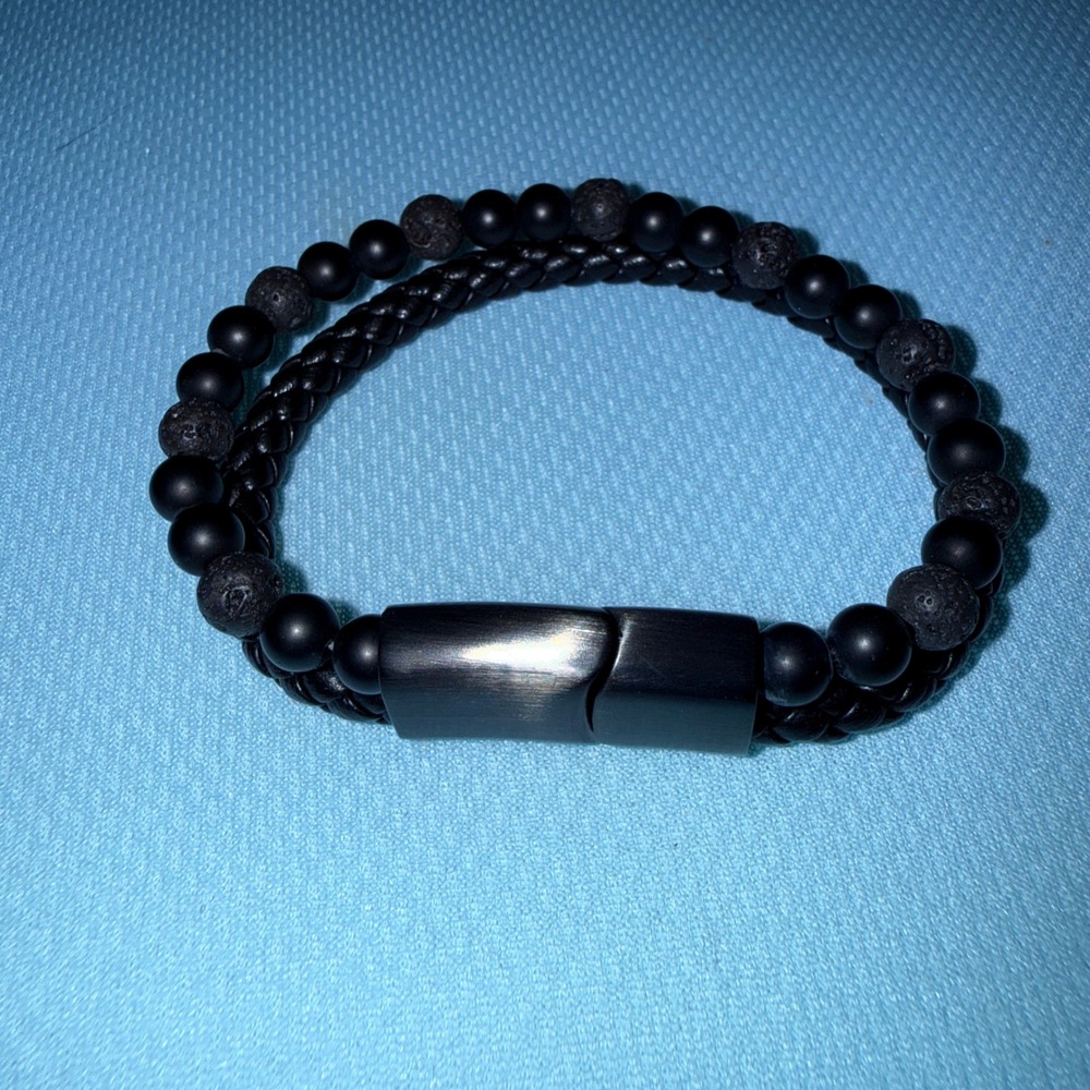 Beaded Leather Bracelet Men 8.25" NEW Lava Stone Magnetic Clasp